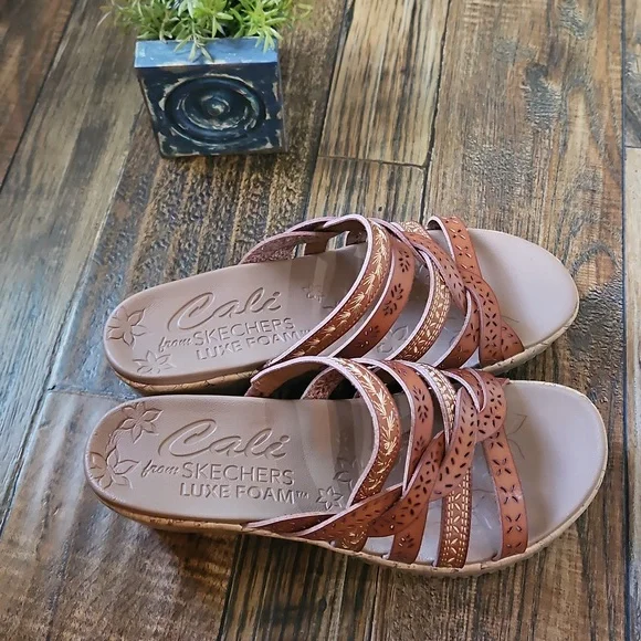 Cali‎ From Skechers Women's Tan Leather Braided Cork Wedge Heel Sandals. - Picture 7 of 12